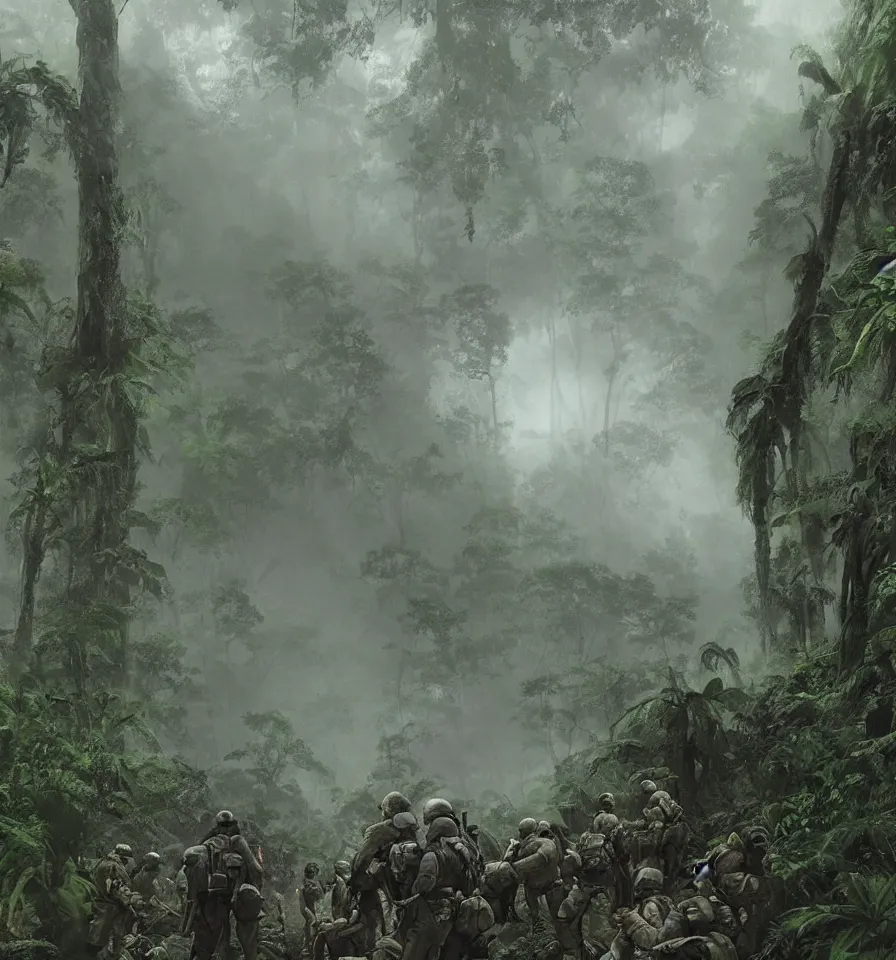 Image similar to A picture of a special forces team consisting of Mel Gibson, Tuesday Weld, James Caan, Don Johnson, Dieter Meier and Rebecca de Mornay professionally working together to find out a way of a dense and foggy rainforest. A detailed and realistic Illustration made by Greg Rutkowski, Peter Elson, Bruce Pennington and Michael Whelan using state of the art painting equipment.