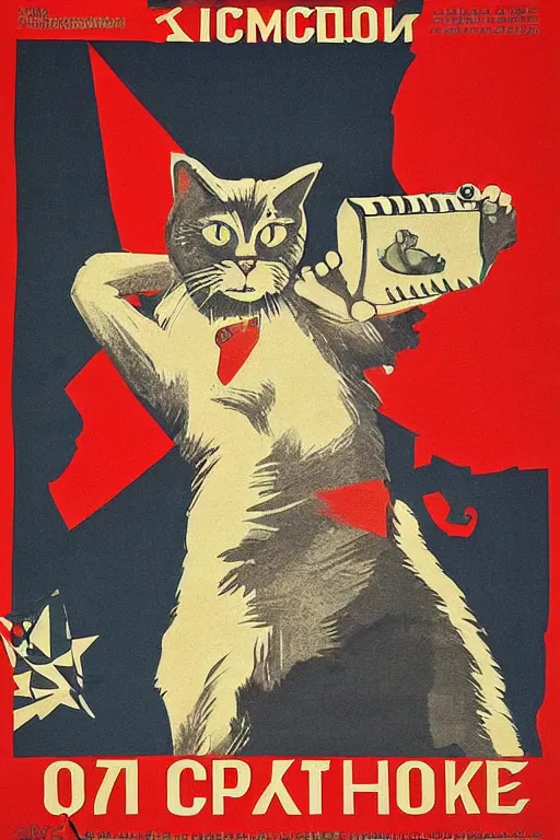 Prompt: “Soviet propaganda poster with a working hero cat, in the style of Dmitry Moor”