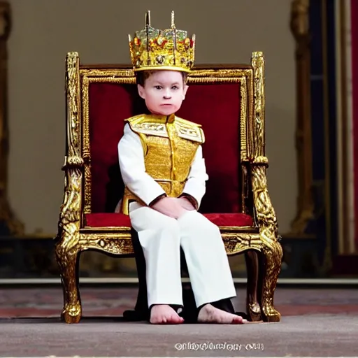 Image similar to little boy, prince sit on the throne chair in the throne room. he wear casual kings clothes and have crown on his head. guards protect him.