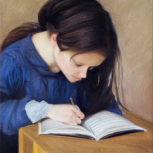 Image similar to a girl reading a book, her hair flowing down, subtle, intricate details, real masterpiece, oil on canvas, by li zangh