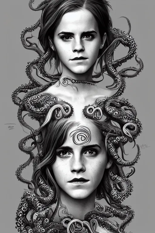 Image similar to Emma Watson evolving into lovecraftian monster, cute, fantasy, intricate, highly detailed, full-body design, tentacles, digital painting, artstation, concept art, smooth, sharp focus, illustration, art by AbyssWolf