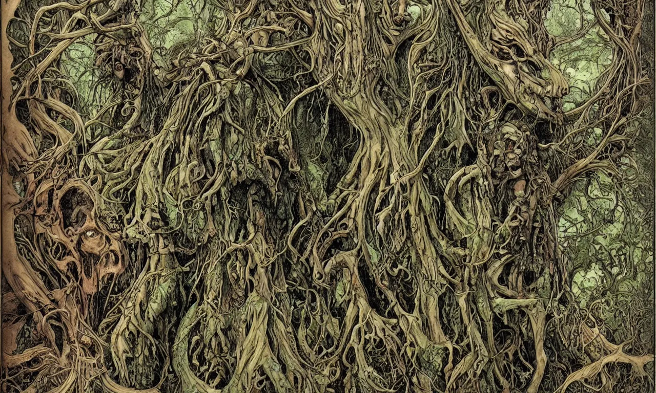 Prompt: hyperdetailed art nouveau portrait of treebeard and old groot as a cthulhu eyeball moose skull wendigo swamp thing creatures, by michael kaluta, pushead and bill sienkiewicz, photorealism, claws, skeleton, antlers, fangs, forest, wild, bizarre, scary, lynn varley, lovern kindzierski, steve oliff