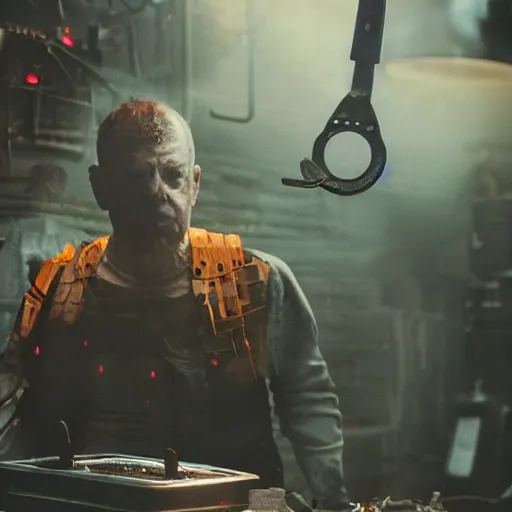 Prompt: weapon made from old egg beater, balding older cyborg repairing, red hot soldering iron, dark messy smoke - filled cluttered workshop, dark, dramatic lighting, orange tint, cinematic, highly detailed, sci - fi, futuristic, movie still from blade runner