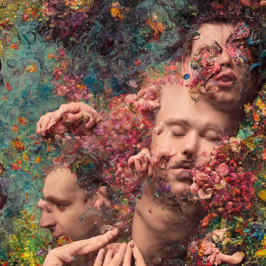 Prompt: male portrait of todd solondz tripping on dmt and becoming god, surrounded by flowers by francis bacon, karol bak, james jean, tom bagshaw, rococo, trending on artstation, cinematic lighting, hyper realism, dramatic, emotional, octane render, 8 k, hyper detailed.