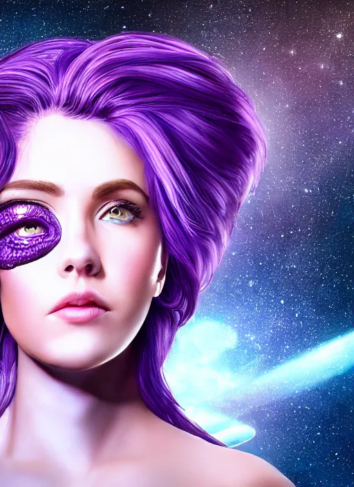 Image similar to photorealistic space pilot 3 0 0 0 cyclope beautiful female with purple hair portrait photography feroflex photorealistic studio lighting ektachrome detailed intricate face details, ultradetails, beautiful face, realistic shaded perfect face, extremely fine details