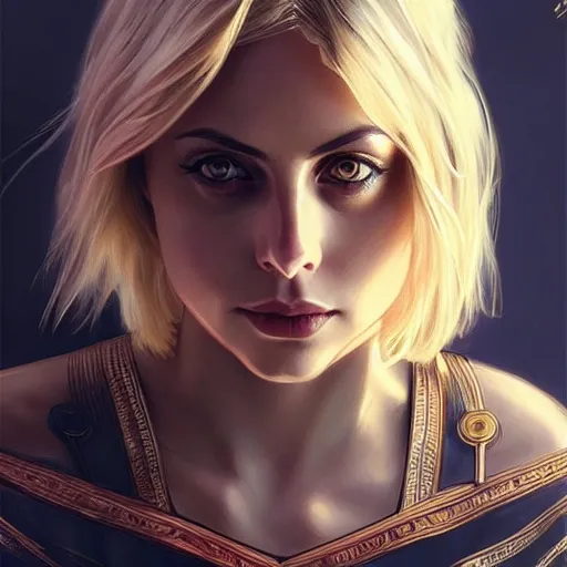 Image similar to Willa Holland with blonde hair as Super Girl, western, D&D, fantasy, intricate, elegant, highly detailed, digital painting, artstation, concept art, matte, sharp focus, illustration, art by Artgerm and Greg Rutkowski and Alphonse Mucha