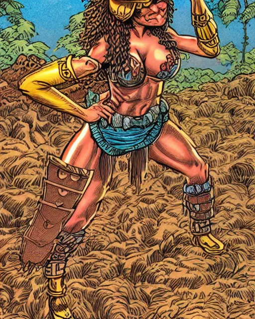 Prompt: buxom female amazonian warrior in the style of robert crumb meets russ nicholson from fighting fantasy books, highly detailed