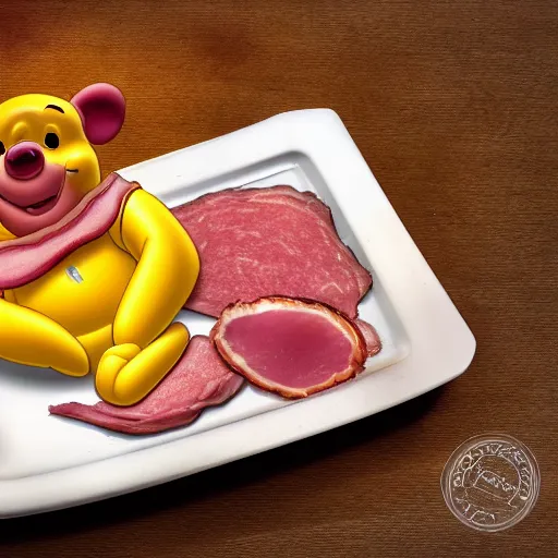 Image similar to close up of winnie the pooh with a plate of sausage and bacon and ham hock, cinematographic shot, photo 3 d