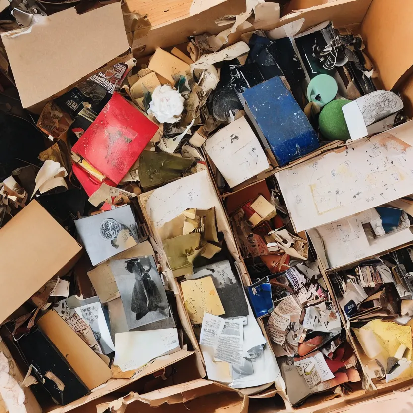 Prompt: a box of objects, various sizes, indoors, photograph