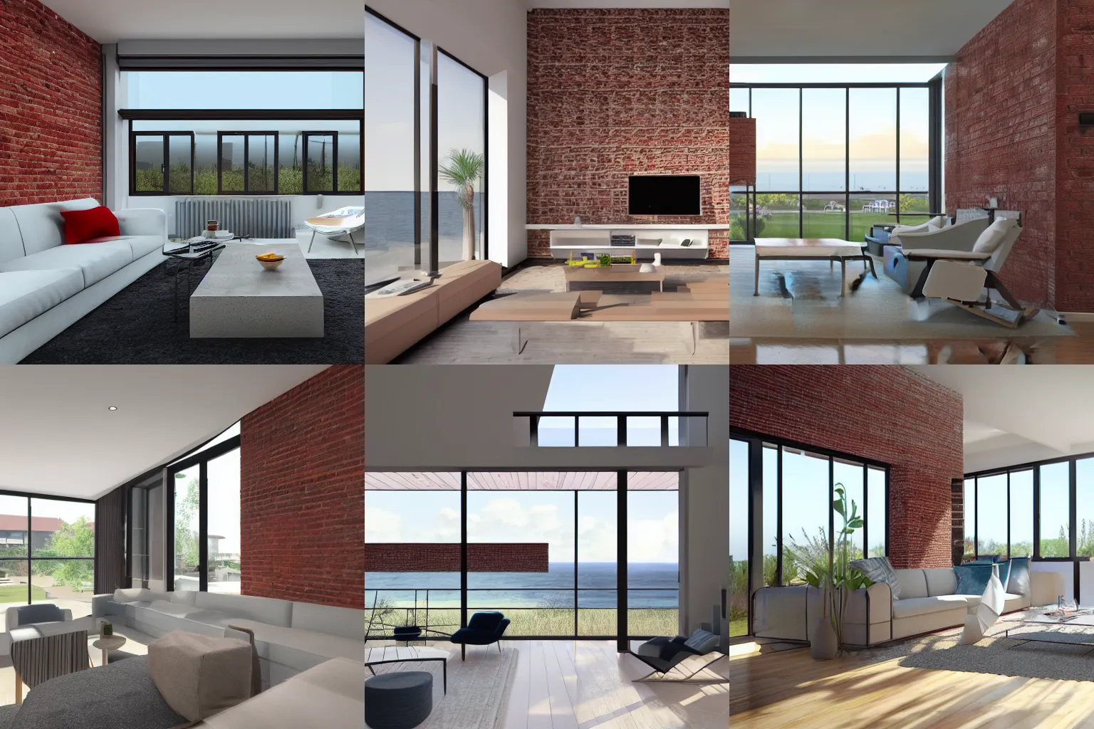 Prompt: architectural visualization of a modern double height living room, with brick walls and a view of the sea