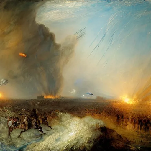 Image similar to highly detailed painting of alien androids attacking washington dc and american army, by william turner, by greg rutkowski, by william constable, thick brush strokes and visible paint layers, 4 k resolution