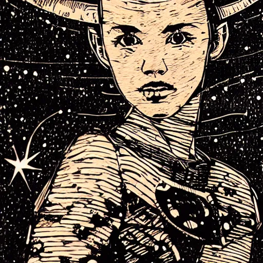Image similar to Woodcut portrait of a beautiful cute girl with robot ears by falling into the stars greg rutkowski, 4k, intricate details