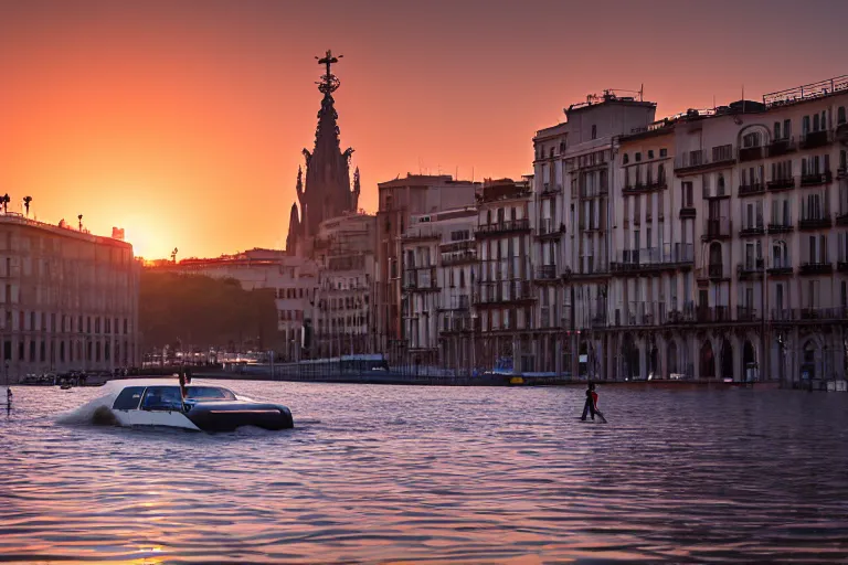 Prompt: views of people on boats on a catastrophic barcelona, buildings covered with high water, floating cars, sunset lighting, photo real