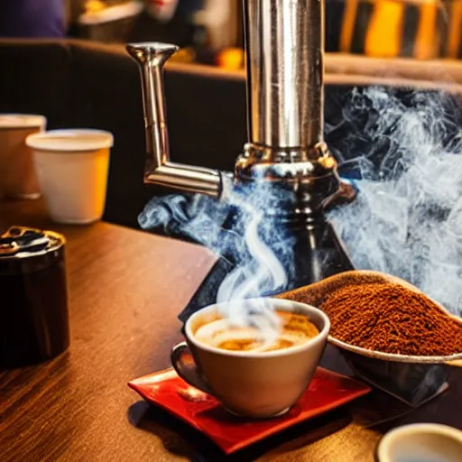 Prompt: hookah, shisha with coffee in the coffeehouse