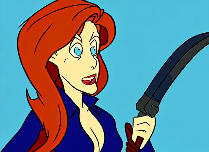 Image similar to dana scully in dragon's lair, shaded cartoon cel, animation model, sharp detail, thin linework, in the style of don bluth, filmation, toei animation, studio trigger, 5 k, hd