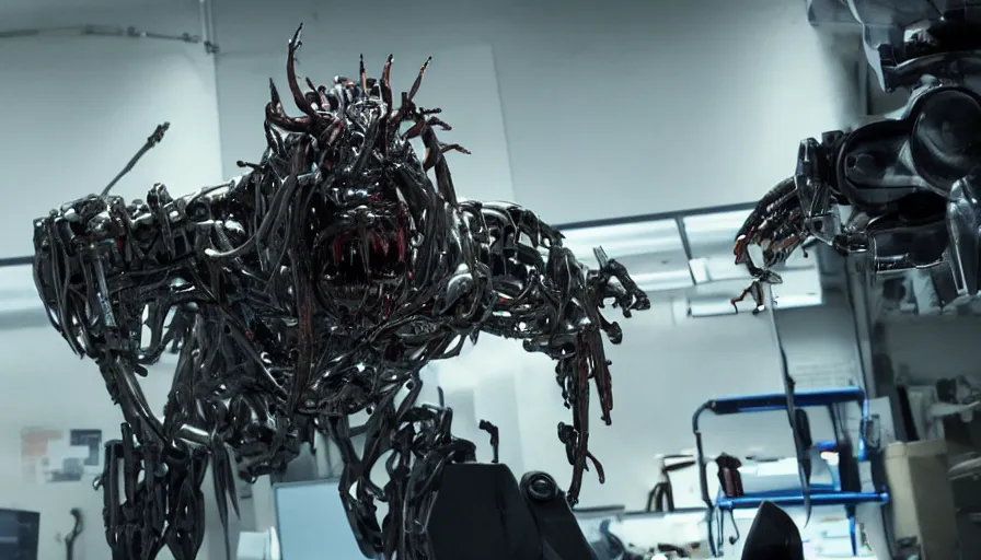 Image similar to big budget action movie about science lab with a demonic battle cyborg