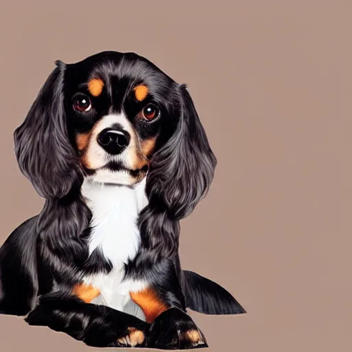 Prompt: digital art, black cavalier king charles sitting with a all brown short haired dashhound