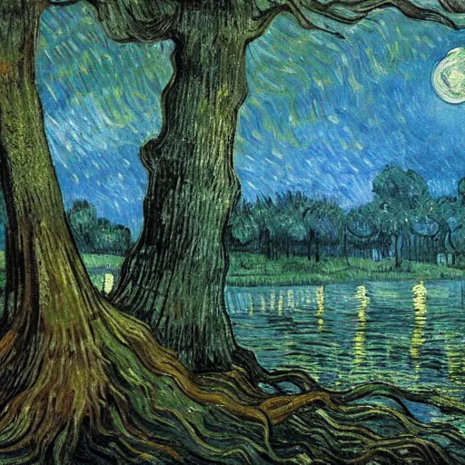 Image similar to highly realistic scenic painting of a towering misty dark fantasy forest surrounding a pond, a rusalka sits on the roots of an ancient tree looking up at the moon, spooky fog, looming trees, beautiful fantasy painting hd, painting by van gogh