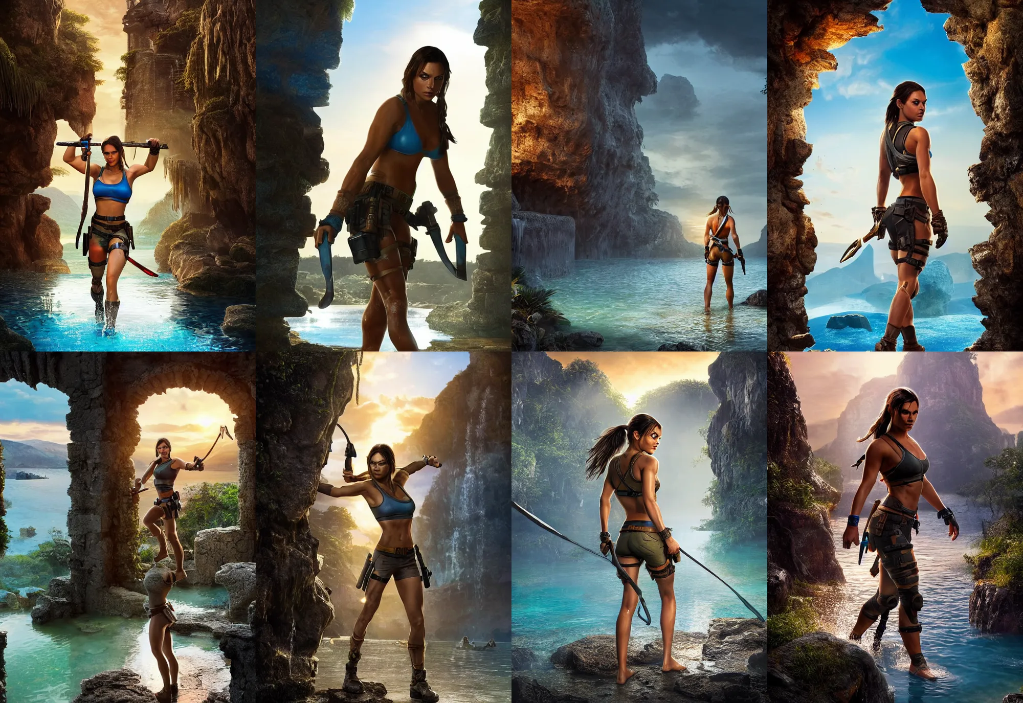 Prompt: mila kunis as muscled amazon lara croft wading through shallow blue glowing water, bright white castle stones, 2 0 0 mm focal length, epic vista of old ruins, sundown, golden hour, intricate, elegant, stanley lau, greg rutkowski