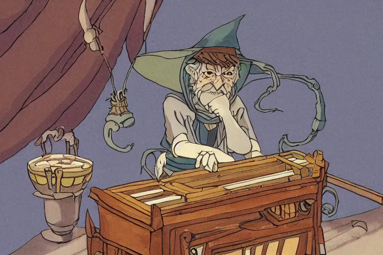 Image similar to A cell animation of an old wizard playing a magical pipe organ, Nausicaa of the Valley of the Wind, Miyazaki Hayao, ghibli style, illustration, anime, trending on artstaion