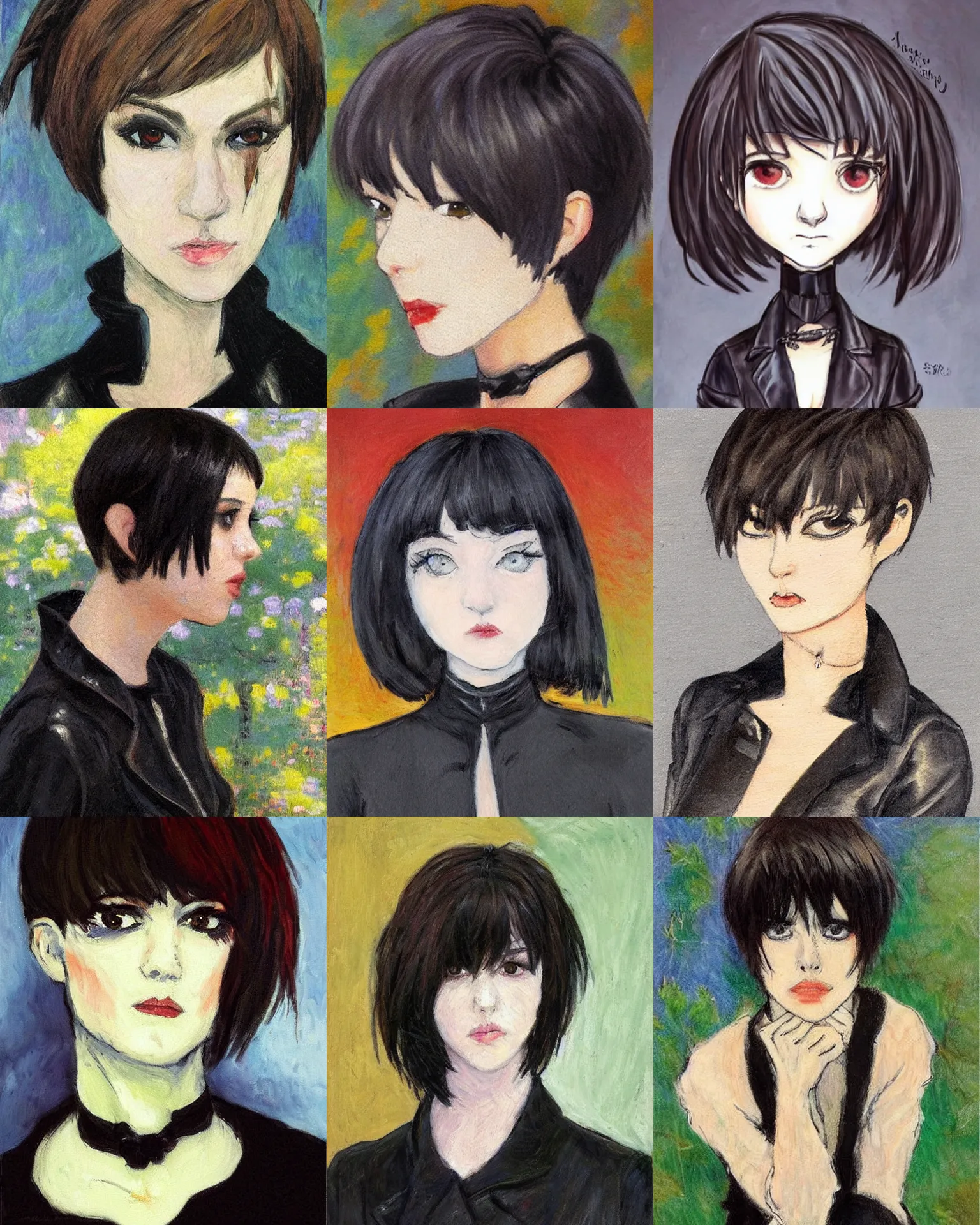 Prompt: Impressionism. Her hair is dark brown and cut into a short, messy pixie cut. She has a slightly rounded face, with a pointed chin, large evil eyes with entirely-black sclerae!!!!!!, and a small nose. She is wearing a black leather jacket, a black knee-length skirt, a black choker, and black leather boots.