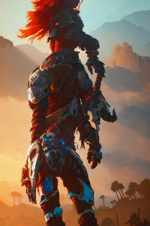 Image similar to combination suit armor aloy horizon forbidden west horizon zero dawn radiating a glowing aura global illumination ray tracing hdr fanart arstation by ian pesty and alena aenami artworks in 4 k tribal robot ninja mask helmet backpack