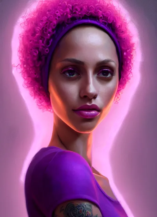 Image similar to portrait of vanessa morgan with bright pink hair, curly pixie cut hair, wearing a purple breton cap, breton cap, hoop earrings, intricate, elegant, glowing lights, highly detailed, digital painting, artstation, concept art, smooth, sharp focus, illustration, art by wlop, mars ravelo and greg rutkowski