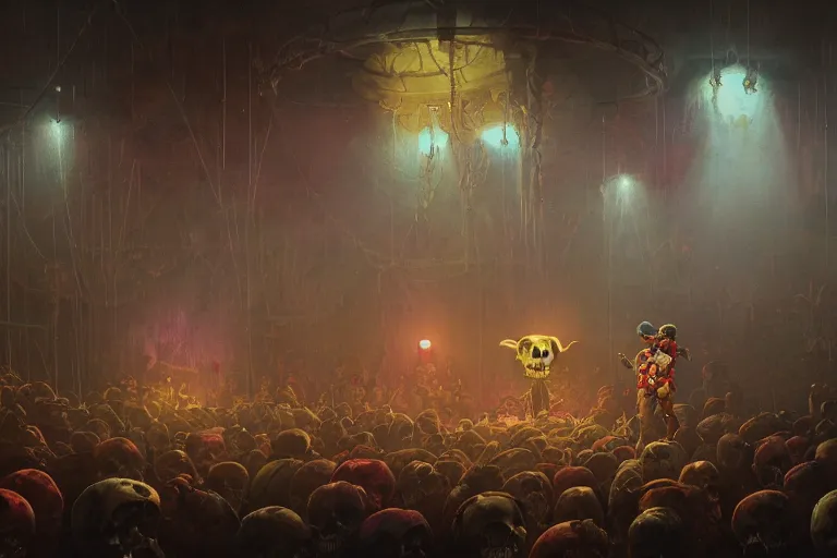 Image similar to skull clown inside a circus, illustrated by Simon Stålenhag and Gaston Bussiere, 35mm lens, rule of third, beautiful volumetric-lighting-style atmosphere, intricate, ultra detailed, photorealistic imagery, trending on artstation, 4k, 8k