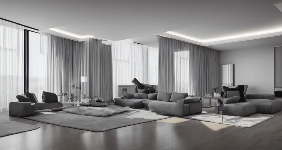 Image similar to interior living room, ceiling to floor windows, plush furnishings, modern, minimalism, morning light, dramatic, unreal render, award winning photograph