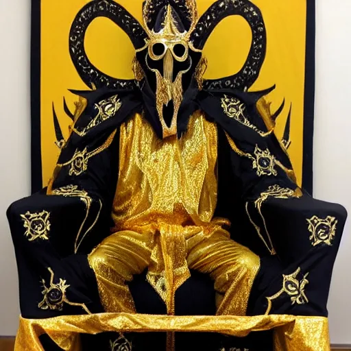 Prompt: eldritch king dressed in mask and robes, seated on an otherworldy throne, gold yellow and black colour scheme, canvas, oil paint style