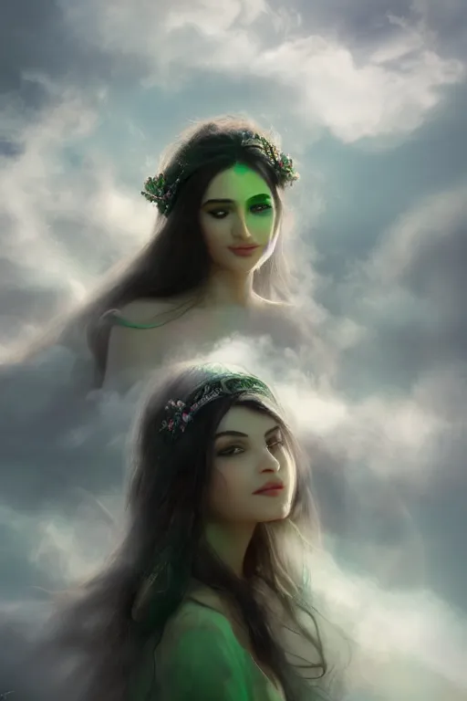 Image similar to realistic portrait of dreamy beautiful persian goddess princess in the clouds, volumetric fog, green eyes, long black hair flying around, smiling, face, highly detailed, artstation, concept art, sharp focus, hyper realistic, octane render, unreal engine, 8 k