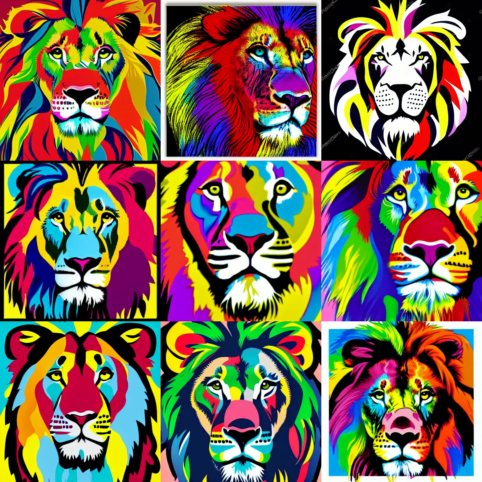 Prompt: colorful pop art of a Lion’s head, black background