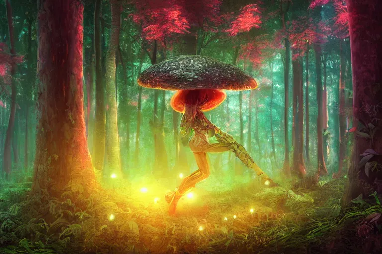 Image similar to mushroom in the forest, cyberpunk vapor wave glitch wave art, 4 k digital illustration by artgerm, wlop, andrei riabovitchev, marc simonetti, yoshitaka amano, artstation, 8 k resolution, soft focus