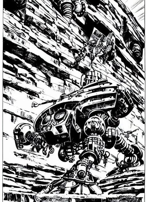 Image similar to comic book drawing of a giant mechanical robot crab at the grand canyon by jack kirby!!! and simon bisley, epic, awesome trendy color palette, black ink outlines