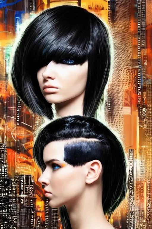 Prompt: futuristic cyberpunk hair styles magazine page