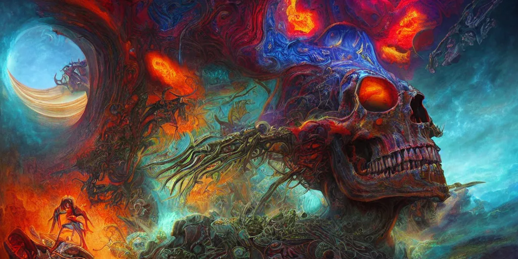 Prompt: gigantic psychedelic demonic cosmic skull of death and fire, outer space, fantasy painting, ultra realistic, dmt, symmetrical, wide angle, intricate details, digital painting, rainbowshift, vivid colors, highly detailed by peter mohrbacher, h. r. giger, maxfield parrish, craig mullins, octane render, cgi