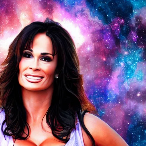 Prompt: a portrait of lisa ann in the space with nebulae, realistic painting, high definition, digital art, matte painting, very detailed, realistic