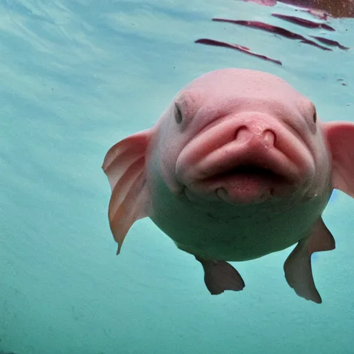 Image similar to a photo of a blobfish jumping from the water like a marlin