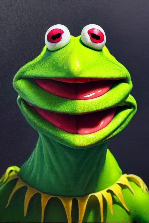 Prompt: a beautiful oil painting hyperrealism of a happy smiling kermit the frog head, green bulging eyes, rotten green skin, grey beard, blue veins, skull bones, moody lighting, 8 k resolution, octane render, trending on artstation, by h. r. giger and greg rutkowski