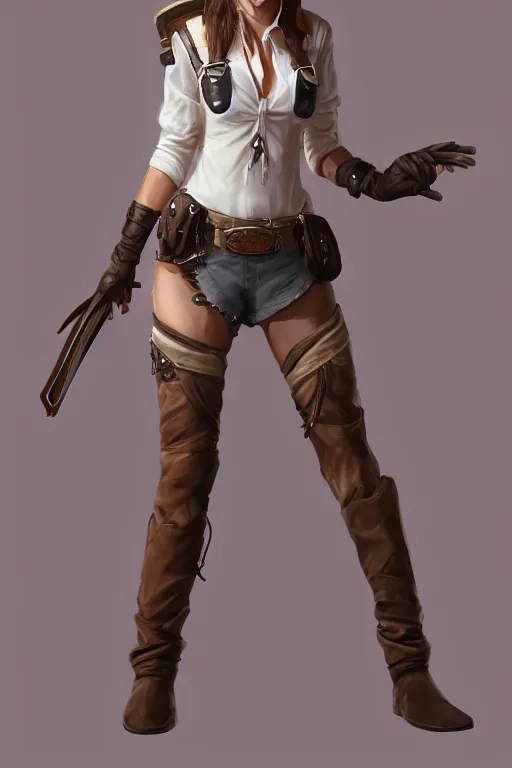 Image similar to full body, female cowgirl, perfect face, white blouse, holster, 8 k, magic the gathering, desert, d & d, artstation, high detail, smooth, sweaty character concepts by senior concept artist
