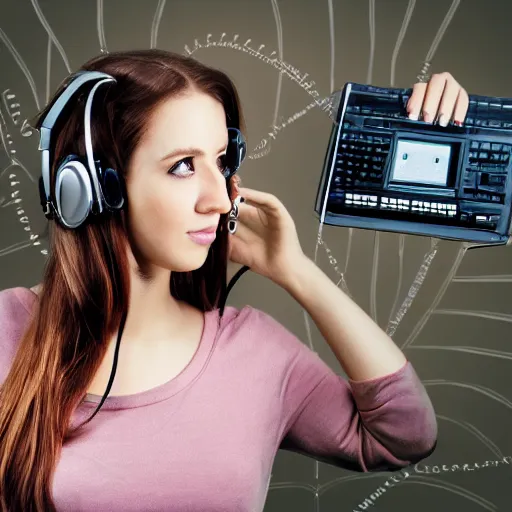 Prompt: realistic portrait of a woman with brown hair, jeans, headset, synthesizer, computer, steampunk, vivid colors