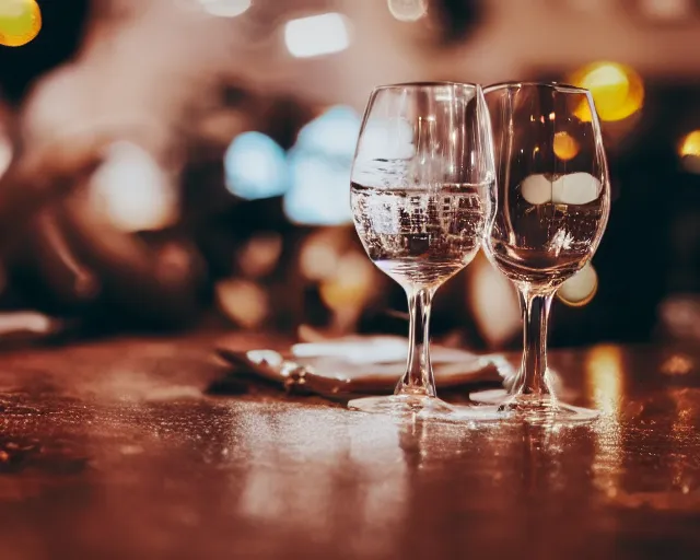 Prompt: 8 5 mm food photography of a glass of fire at restaurant with dof and bokeh and wine glasses o