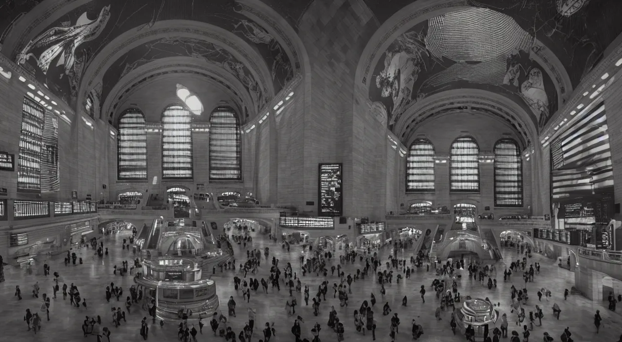 Image similar to a futuristic grand central station with portals and stargates to other worlds and times, by ridley scott, stunning atmosphere, high octane, cinematic lighting 4 k