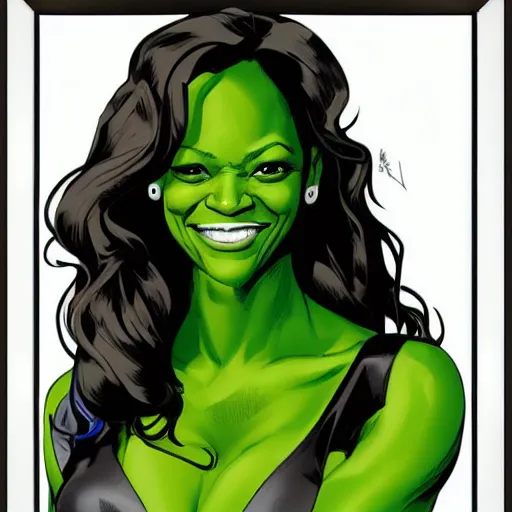 Image similar to Actress Zoe Saldana as She-Hulk, smiling, poster framed, comic pinup style, sports illustrated, detailed legs, artstation, illustration, posterized, Roge Antonio, Jen Bartel