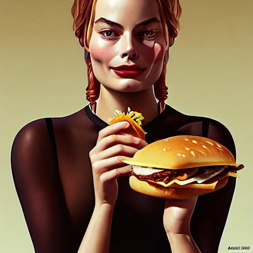 Image similar to portrait of a Margot Robbie eating a hamburger, extra onions and ketchup, luscious patty with sesame seeds, masculine, handsome, D&D, fantasy, intricate, elegant, highly detailed, digital painting, artstation, concept art, matte, sharp focus, illustration, art by Artgerm and Greg Rutkowski and Alphonse Mucha
