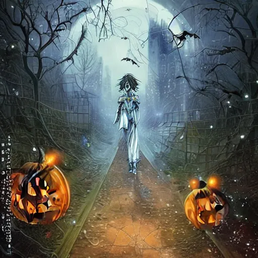 Prompt: a real anime cover for an undead foxfolk wizard with visibly skeleton jaws, a large albino peacock tail, walking through foggy city under starry skies, spooky, halloween decorations, fireflies, anime, peaceful, grainy, neon green, black, vhs, toxic biohazard aesthetic, art by yuji ikehata