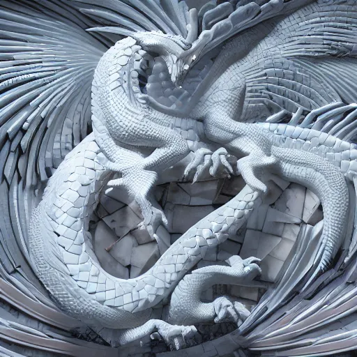 Prompt: mosaic of a white dragon, octane render, trending on artstation, artstationHD, artstationHQ, unreal engine, 8k