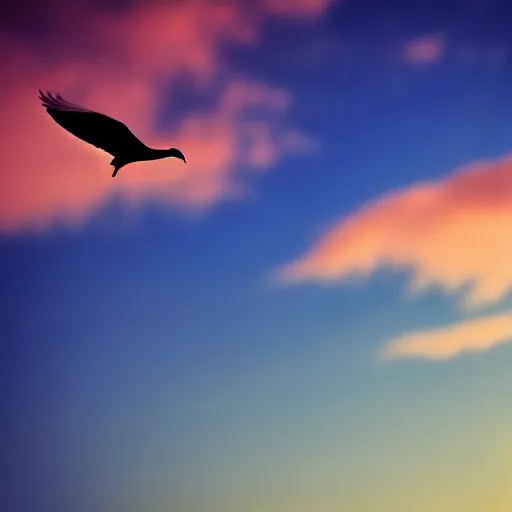 Image similar to Realistic shot of a dove flying over the clouds at sunset, ethereal, vintage photograph, film grain, surreal, awe-inspiring, highly detailed