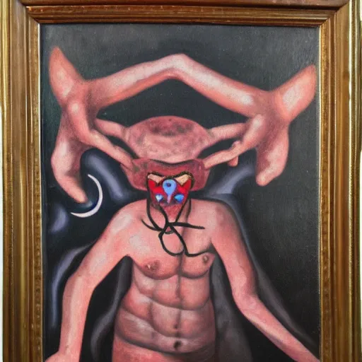 Image similar to portre of an autistic demon on acid, masonic and kabalistic symbols in background, oil painting