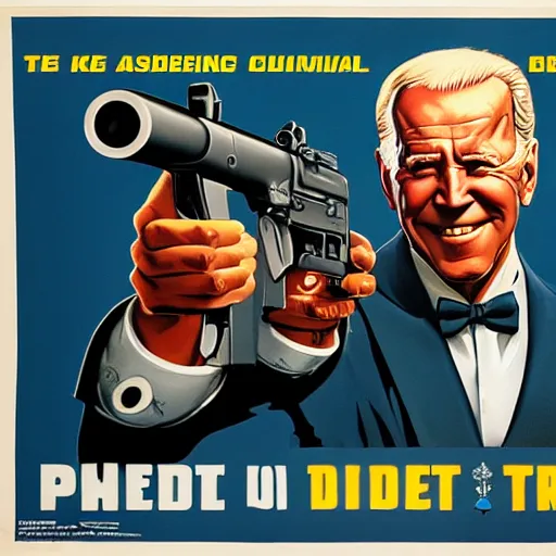 Image similar to propaganda poster of joe biden pointing gun directly at camera in james bond movie, closeup of gun, visible barrel and grip by j. c. leyendecker, bosch, lisa frank, jon mcnaughton, and beksinski